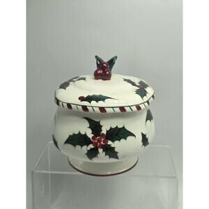 Vintage Lefton Holly Berries Christmas Candy Cane Covered Dish#038 Hand Painted